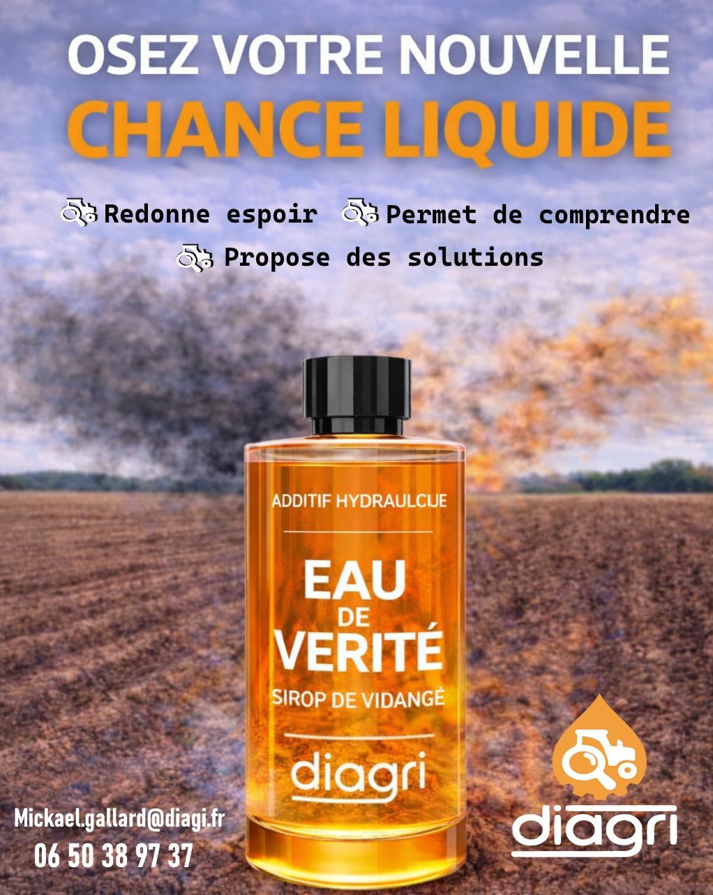 Visuel humoristique DIAGRI : flacon d'additif hydraulique « Eau de Vérité »